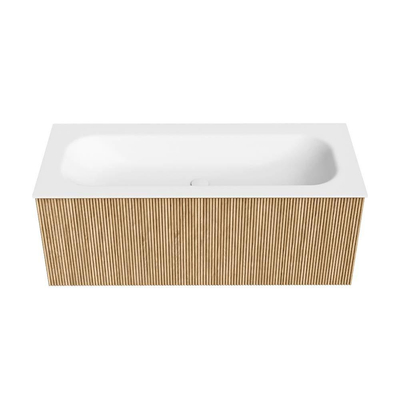 MONDIAZ KURVE Meuble de salle de bains 110 cm couleur Oak avec 1 tiroir. Lavabo BIG MEDIUM central sans trou de robinet Talc.