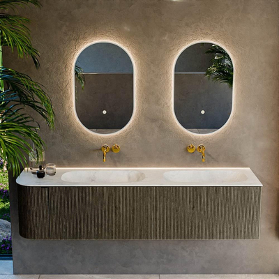 Mondiaz KURVE-DLUX Ensemble de meubles de salle de bains - 175x46x40cm - 2 tiroirs - 1 porte - lavabo solid surface - double / droite - sans trou de robinet - Shadow