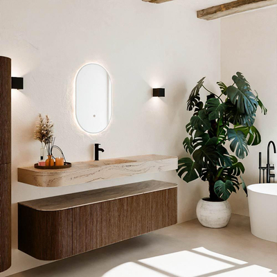 MONDIAZ THOR-DLUX 170cm meuble de salle de bains arrondi gauche + droite couleur Walnut avec 1 tiroir et 2 portes. Vasque suspendue CLOUD Milieu 1 trou de robinet couleur Arena.