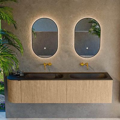 MONDIAZ KURVE meuble de salle de bains 175 cm avec module 25 L couleur chêne avec 2 tiroirs et 1 porte. Lavabo BIG SMALL double / droit sans trou de robinet Urban.