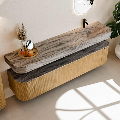 MONDIAZ THOR-DLUX 200cm meuble de salle de bains arrondi gauche + droite couleur Oak avec 2 tiroirs et 2 portes. Vasque suspendue CLOUD Droite 1 trou de robinet couleur Sombra.