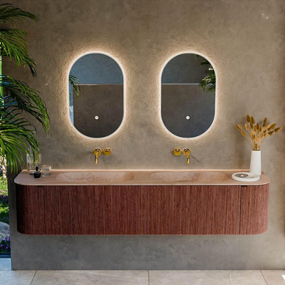 MONDIAZ KURVE-DLUX Meuble de salle de bains 200cm arrondi gauche + droite couleur Ruby avec 2 tiroirs et 2 portes. Plan-vasque STOR SMALL Double sans trou de robinet Saba.