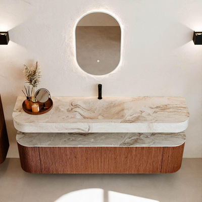 MONDIAZ THOR-DLUX 180cm meuble de salle de bains arrondi gauche + droite couleur Ruby avec 2 tiroirs et 2 portes. Vasque suspendue CLOUD Milieu 1 trou de robinet couleur Frappe.