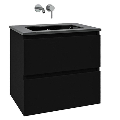 Adema Chaci Ensemble de meuble 80x45x55cm avec 2 tiroirs frein de chute vasque en céramique noire sans trou de robinet Noir mat