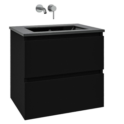 Saniclass Chaci Meuble de salle de bain - 60x46x55cm - lavabo en céramique noir - 1 vasque - sans trou de robinet - 2 tiroirs - ronde miroir avec éclairage - noir mat