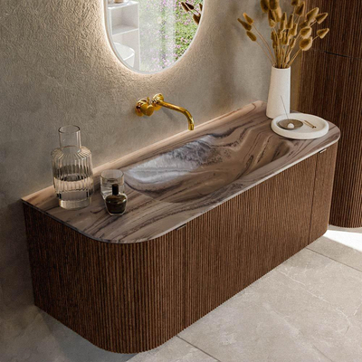 MONDIAZ KURVE-DLUX 120cm badmeubel ronding Links + Rechts kleur Walnut met 1 lade en 2 deuren. Wastafel BIG SMALL Midden zonder kraangat Sombra.