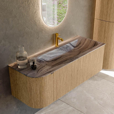 MONDIAZ KURVE-DLUX Meuble de salle de bains 125cm arrondi à gauche couleur Oak avec 1 tiroir et 1 porte. Lavabo BIG MEDIUM à droite 1 trou de robinet Sombra.