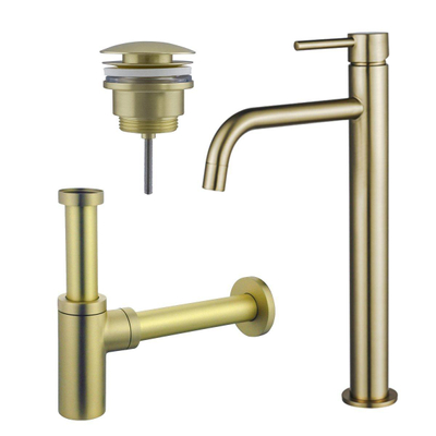 Fortifura Calvi Slim Wastafelkraanset - verhoogde wastafelkraan - klikwaste plug - design - sifon - PVD - geborsteld messing (goud)