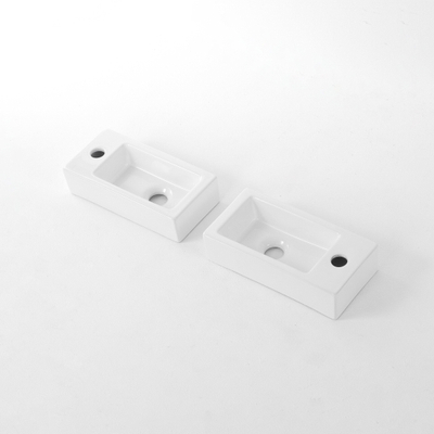 QeramiQ Fuente Set de lave-mains - 37.5x18.5x9cm - céramique - trou de robinet à gauche - robinet de lave-mains blanc mat - bonde - siphon bas - Blanc brillant