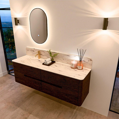 Mondiaz CIRO-DLUX Meuble de salle de bains - 160x45x50cm - Plan vasque solid surface Nata - 1 vasque à gauche - 1 trou de robinet - 4 tiroirs - Noyer