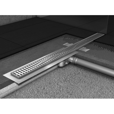 Aco ShowerDrain C douchegoot rvs m. vloerflens z. rooster, 70mm breed, stankslot 25mm 1185mm inb. diepte 65mm m. zijuitloop