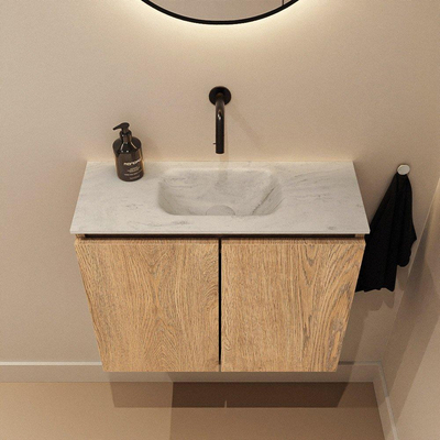 MONDIAZ TURE-DLUX Meuble de toilette 60cm Washed Oak. Lavabo EDEN Opalo position milieu. Sans trou de robinet.