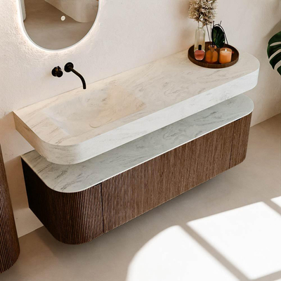 MONDIAZ THOR-DLUX 150cm meuble de salle de bains arrondi gauche + droite couleur Walnut avec 1 tiroir et 2 portes. Vasque suspendue CLOUD Gauche sans trou de robinet couleur Opalo.