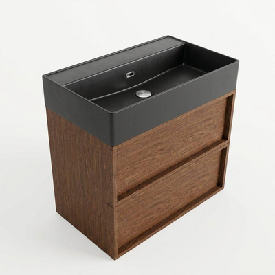 Saniclass Holz Frame Ensemble de meubles de salle de bains - 80x45x72cm - Lavabo Legend en céramique noir mat - 1 vasque - sans trou de robinetterie - 2 tiroirs - walnut pure mat (bois)