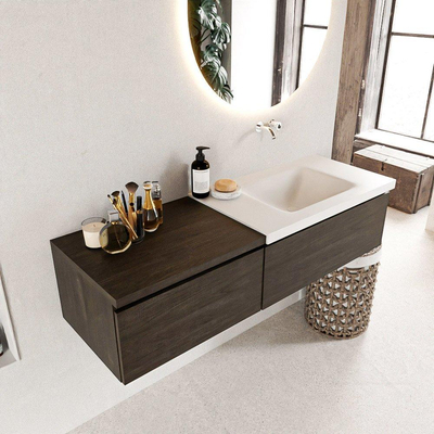 MONDIAZ BUKLA 140cm badmeubel met module 60 kleur Dark Brown met 2 lades. Wastafel CLOUD rechts 0 kraangaten kleur Talc.