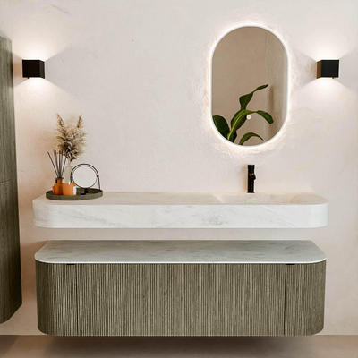 MONDIAZ THOR-DLUX 160cm meuble de salle de bains arrondi gauche + droite couleur Shadow avec 1 tiroir et 2 portes. Vasque suspendue CLOUD Droite 1 trou de robinet couleur Opalo.