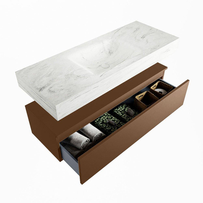 Mondiaz ALAN-DLUX Ensemble de meuble - 120cm - meuble Rust mat - 1 tiroir - Lavabo Cloud Opalo suspendu - vasque Centre - 0 trous de robinet