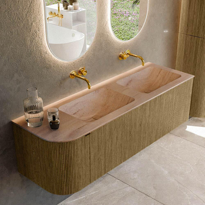 MONDIAZ KURVE-DLUX Meuble de salle de bains 145cm arrondi à gauche couleur Dusk avec 1 tiroir et 1 porte. Lavabo LEAF Double / Droite sans trou de robinet Saba.