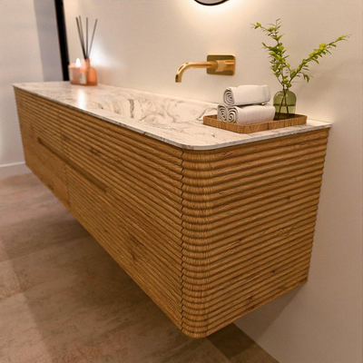 Mondiaz CIRO-DLUX Ensemble de meubles de salle de bains - 190x45x50cm - Plan vasque solid surface Glace - 1 lavabo à droite - sans trous de robinet - 4 tiroirs - Chêne