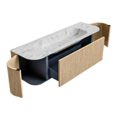 MONDIAZ KURVE-DLUX Meuble de salle de bains 150 cm avec module 25 Len R couleur Oak avec 1 tiroir et 2 portes. Lavabo BIG MEDIUM central 1 trou de robinet couleur Glace.