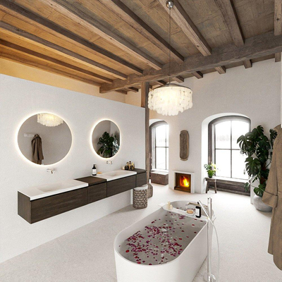 MONDIAZ BUKLA 240cm ensemble de meuble avec module 40 gauche couleur Marron Foncé avec 4 tiroirs. Lavabo CLOUD double 0 trou de robinet couleur Talc.