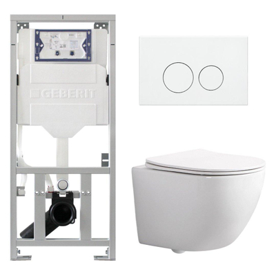 Pack WC QeramiQ Dely Swirl Compact - réservoir encastrable Geberit UP320 - avec bâti-support Burda - abattant slim - plaque de commande en plastique blanc brillant - boutons ronds - blanc brillant