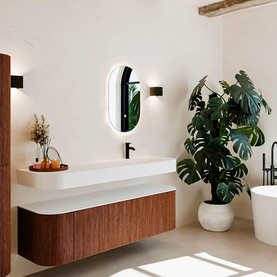 MONDIAZ THOR 160cm meuble de salle de bains arrondi gauche + droite couleur Ruby avec 1 tiroir et 2 portes. Vasque suspendue CLOUD Droite 1 trou de robinet couleur Talc.