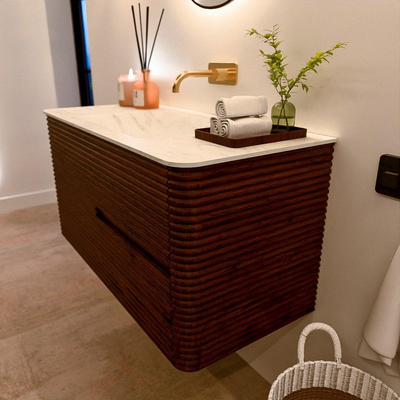 Mondiaz CIRO-DLUX Meuble de salle de bains - 100x45x50cm - vasque solid surface Opalo - 1 bassin au milieu - sans trous de robinet - 2 tiroirs - Ruby