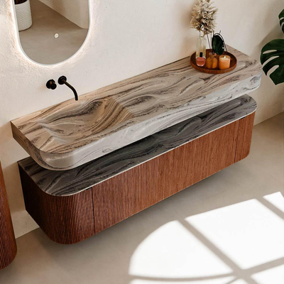 MONDIAZ THOR-DLUX 170cm meuble de salle de bains arrondi gauche + droite couleur Ruby avec 1 tiroir et 2 portes. Vasque suspendue CLOUD Gauche sans trou de robinet couleur Sombra.