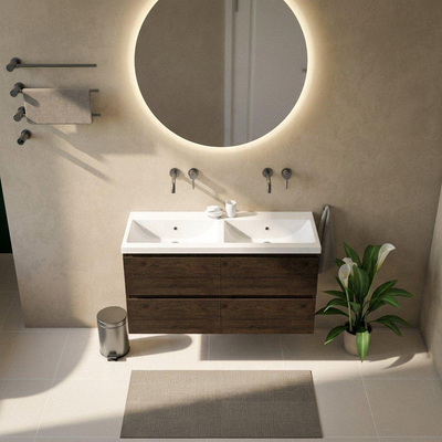 Saniclass Holz Pure Ensemble meuble de salle de bains - 120x45x63.5cm - Lavabo en céramique Bari blanc - 2 vasques - sans trous de robinetterie - 4 tiroirs - chêne charcoal mat (bois)