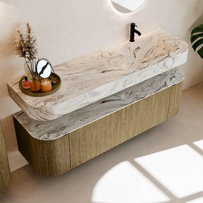 MONDIAZ THOR-DLUX 160cm meuble de salle de bains arrondi gauche + droite couleur Dusk avec 1 tiroir et 2 portes. Vasque suspendue CLOUD Droite 1 trou de robinet couleur Glace.