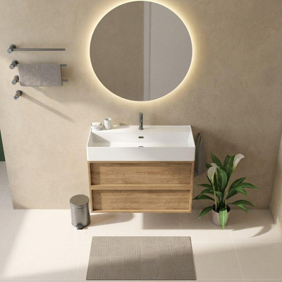 Saniclass Holz Frame Ensemble meuble de salle de bains - 100x45x72cm - lavabo Legend en céramique blanc mat - 1 vasque - 1 trou de robinet - 2 tiroirs - chêne naturel mat (bois)