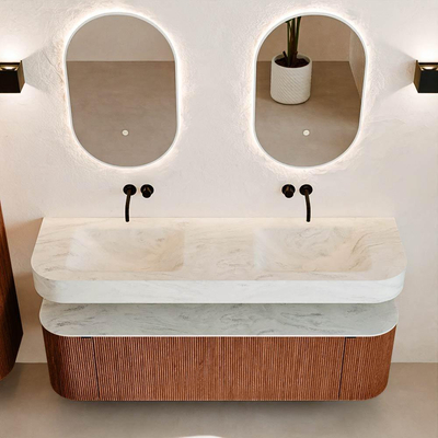 MONDIAZ THOR-DLUX 160cm badmeubel ronding links + rechts kleur Ruby met 1 lade en 2 deuren. Vrijhangende wastafel CLOUD Dubbel zonder kraangat kleur Opalo.