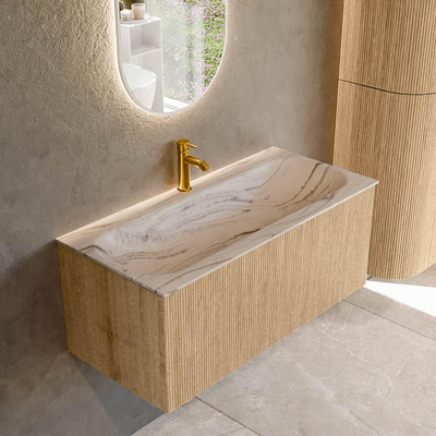 MONDIAZ KURVE-DLUX 100cm badmeubel kleur Oak met 1 lade en 0 deuren. Wastafel BIG MEDIUM Midden 1 kraangat Nata.