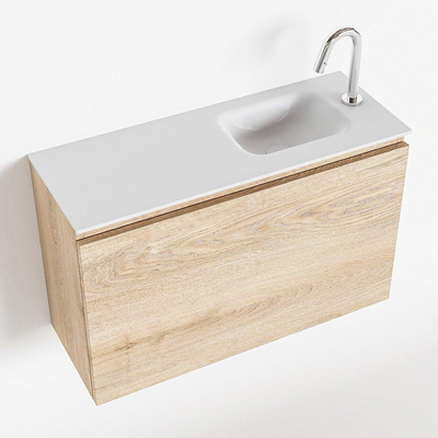 MONDIAZ OLAN Kit lave-mains - 80x30x40cm - 1 trou de robinet - 1 tiroir - chêne blanchi mat - lavabo à droite - Solid Surface Blanc