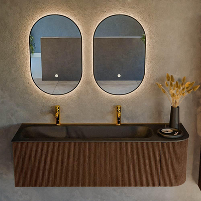 MONDIAZ KURVE 145cm badmeubel met module 25 R kleur Walnut met 1 lade en 1 deur. Wastafel BIG LARGE links 2 kraangaten Urban.