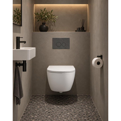QeramiQ Dely Swirl Compact Ensemble WC - réservoir encastré QeramiQ flush - abattant fin - plaque de commande en marbre foncé - boutons ronds - blanc brillant