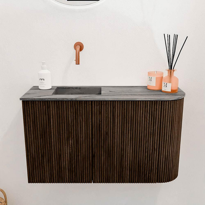 Mondiaz JOYA-DLUX 71.6cm toiletmeubel - ronding rechts kleur Walnut - Wastafel FAYE positie Links Zonder kraangat kleur Sombra.