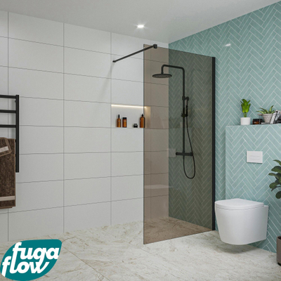 FugaFlow Eccelente Vetro inloopdouche badkamer - 100x200cm - rookglas - wandarm - mat zwart