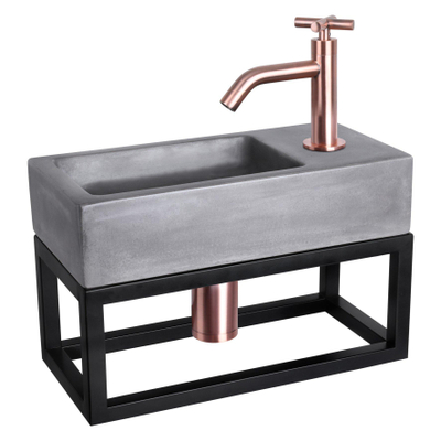 Differnz Ravo kit lave-mains - 38.5x18.5x25cm - Rectangulaire - 1 trou de robinet - Robinet en cuivre rose courbé - avec cadre noir - poignée croix - béton gris foncé