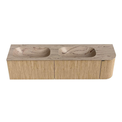 MONDIAZ KURVE-DLUX 175cm badmeubel ronding Rechts kleur Oak met 2 lades en 1 deur. Wastafel STOR SMALL Dubbel / Links 2 kraangaten Arena.