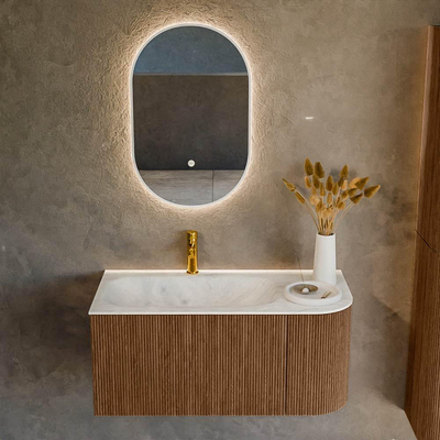 MONDIAZ KURVE-DLUX 95cm Meuble salle de bain avec module 25 D - couleur Walnut - 1 tiroir - 1 porte - vasque BIG SMALL gauche - 1 trou de robinet - couleur Opalo