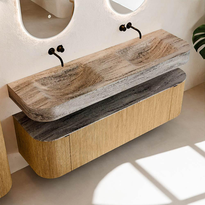 MONDIAZ THOR-DLUX Meuble de salle de bains - 160cm - arrondi gauche + droite - couleur Oak - 1 tiroir et 2 portes - Vasque suspendue CLOUD Double sans trou de robinet - couleur Oza