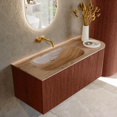 MONDIAZ KURVE-DLUX Meuble de salle de bains 115cm avec arrondi à droite couleur Ruby avec 1 tiroir et 1 porte. Lavabo BIG SMALL à gauche sans trou de robinet Arena.
