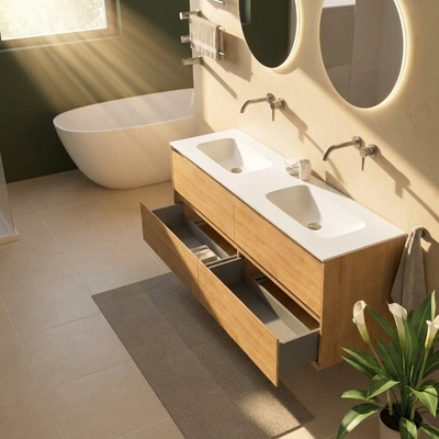 Saniclass Holz Pure Ensemble de meubles de salle de bains - 160x45x61.5cm - Vasque Flow en solid surface blanc - 2 vasques - sans trous de robinet - 4 tiroirs - chêne natural mat (bois)
