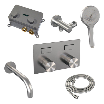 BRAUER Brushed Carving mitigeur de baignoire encastré thermostatique - boutons-poussoirs SET 04 - bec - pomme de douche 3 jets - flexible de douche - coude mural - inox brossé PVD
