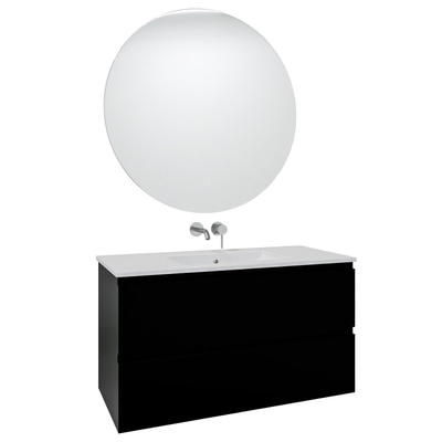 Adema Chaci Meuble salle de bain - 100x46x57cm - 1 vasque en céramique blanche - sans trou de robinet - 2 tiroirs - miroir rond avec éclairage - noir mat