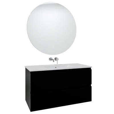 Saniclass Chaci Ensemble meuble de salle de bains - 100x46x55cm - lavabo en céramique blanc - 1 vasque - sans trous de robinet - 2 tiroirs - miroir rond avec éclairage - noir mat