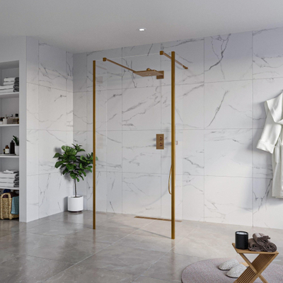 FugaFlow Eccelente Vetro Douche à l'italienne - 100x200cm - verre clair - anticalcaire - verre de sécurité 8mm - 2 parois latérales 40cm - avec bras muraux et profilés d'angle - Cuivre brossé