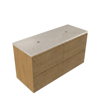 Saniclass Holz Atelier Ensemble meuble de salle de bains - 120x45x63cm - Plan de travail en pierre naturelle travertin - sans trou de robinet - 2 tiroirs - chêne natural mat (bois)